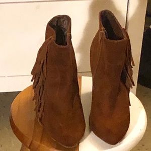 Brown Suede Fringe Wedge Booties Trendy